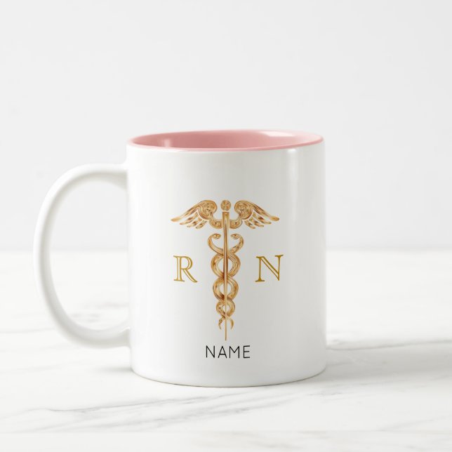 Caneca De Café Em Dois Tons Símbolo de ouro Caduceus e Monograma de Enfermeira (Esquerda)