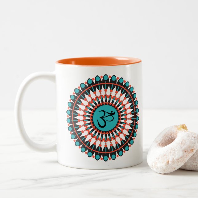 Caneca De Café Em Dois Tons Símbolo Espiritual Mandala Om Turquoise Geométrico (Com Donut)