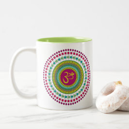Caneca De Café Em Dois Tons Símbolo Espiritual Mandala Om Verde Rosa Geométric