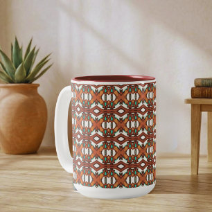 Caneca De Café Em Dois Tons Simetria Tribal Laranja, Turquesa, Marrom