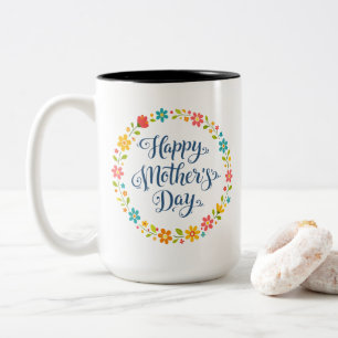 Caneca De Café Em Dois Tons Simples Calligrafia Floral do Dia das Mães Feliz  