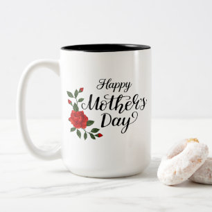Caneca De Café Em Dois Tons Simples Calligrafia Floral do Dia das Mães Feliz