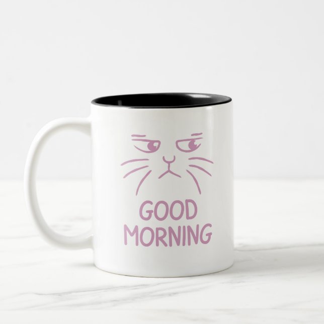 Caneca De Café Em Dois Tons Simples Gato Engraçado, Boa Manhã (Esquerda)