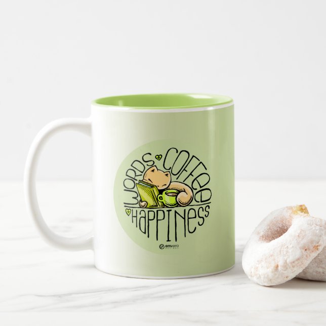 Caneca De Café Em Dois Tons Skribbles: Felicidade do café das palavras (verde (Com Donut)