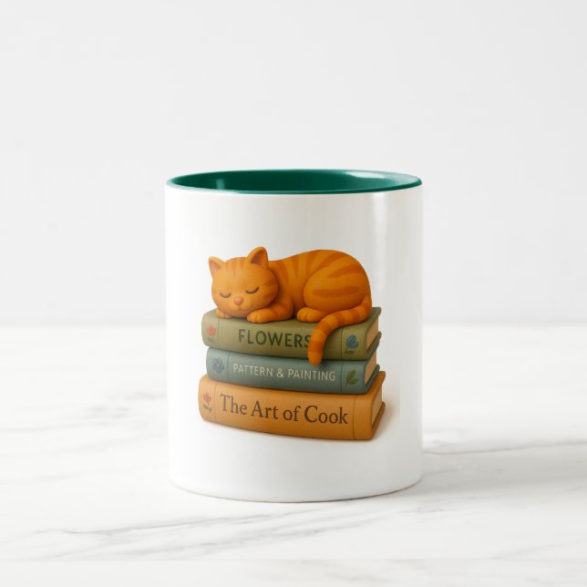 Caneca De Café Em Dois Tons Sleeping Cat on Books. (Centro)