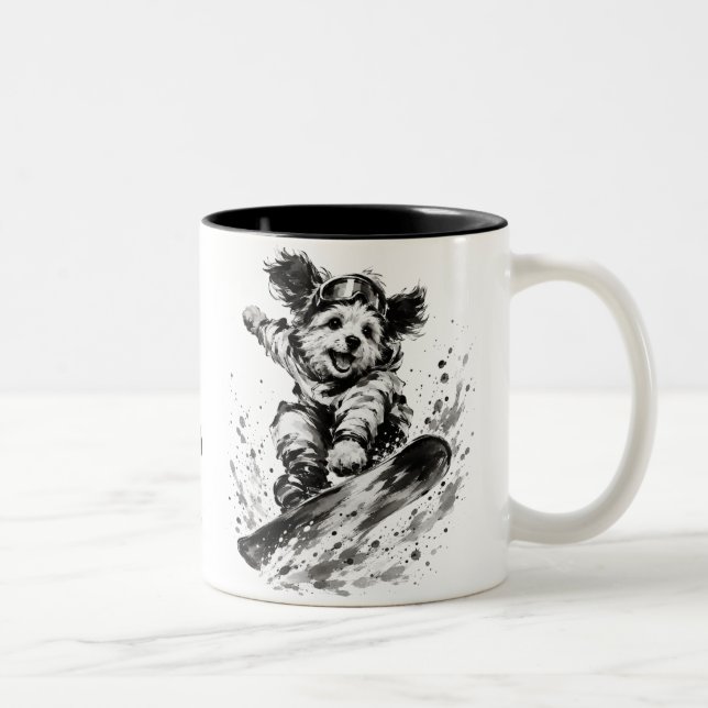Caneca De Café Em Dois Tons Snowboard Brush Art - Snowboarder Dog  (Direita)