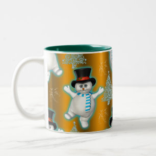 Caneca De Café Em Dois Tons Snowman dança no Top Hat no Dourado Natal