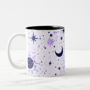 Caneca De Café Em Dois Tons Sol Lua Estrelas Celestiais Preto e Roxo