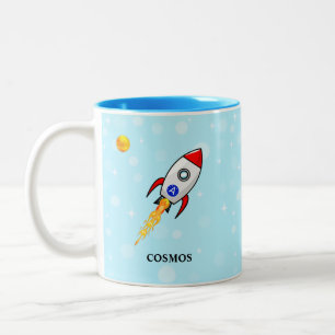 Caneca De Café Em Dois Tons Sol, planeta Terra e foguete em azul claro