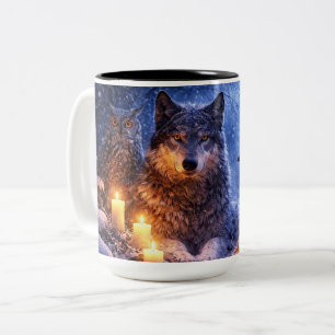 Caneca De Café Em Dois Tons Solstício Inspirado Lobo Corvo e Coruja