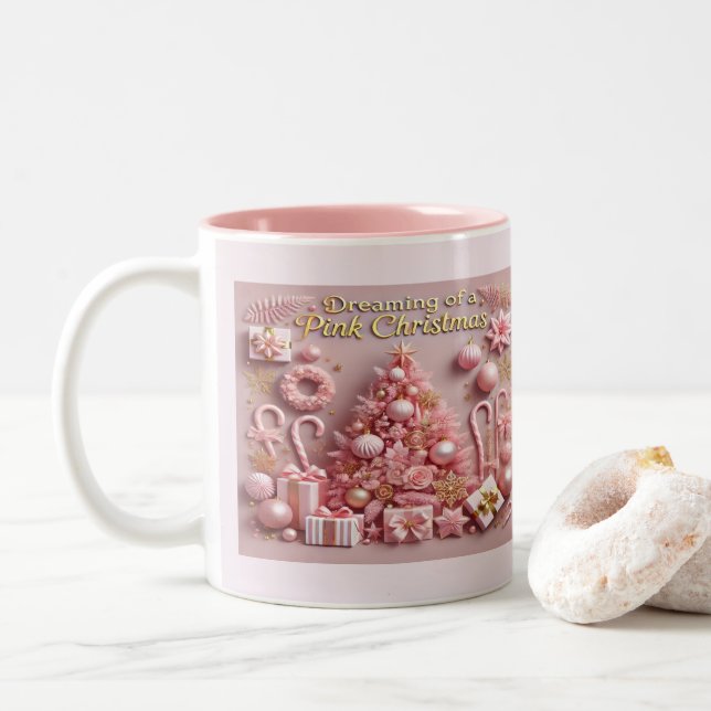 Caneca De Café Em Dois Tons Sonhando com um Natal Rosa (Com Donut)