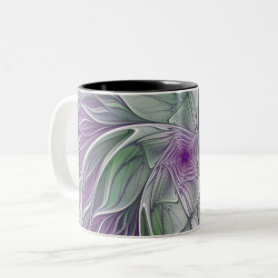 Caneca De Café Em Dois Tons Sonho de Flor, Arte Fractal Verde Abstrato púrpura
