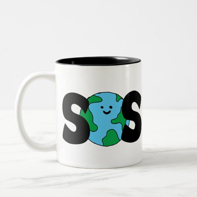 Caneca De Café Em Dois Tons SOS Mundo Ícone Ecológico Feliz Terra Clipe Eco (Esquerda)