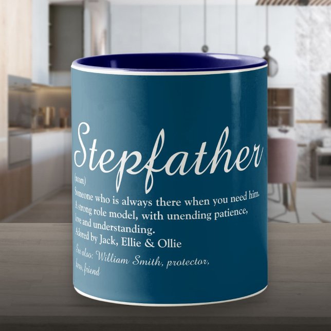 Caneca De Café Em Dois Tons Stepdad, Definição Stepdad Moderno Script Azul (Stepfather, Stepdad Definition Modern Script Blue Two-Tone Coffee Mug)