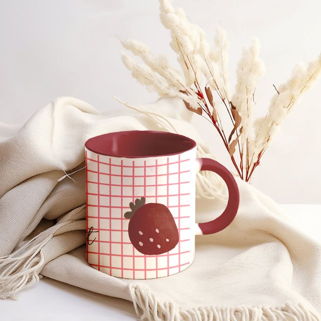 Caneca De Café Em Dois Tons Strawberry Sweet Love – Minimal Berry Trio on Red  (Criador carregado)