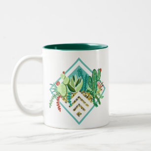 Caneca De Café Em Dois Tons Suculentes Geométricos Modernos e Plantador de Cac