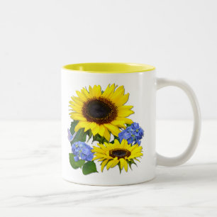 Caneca De Café Em Dois Tons Sunny Sunflower e Blue Hydrangea Café de dois tons