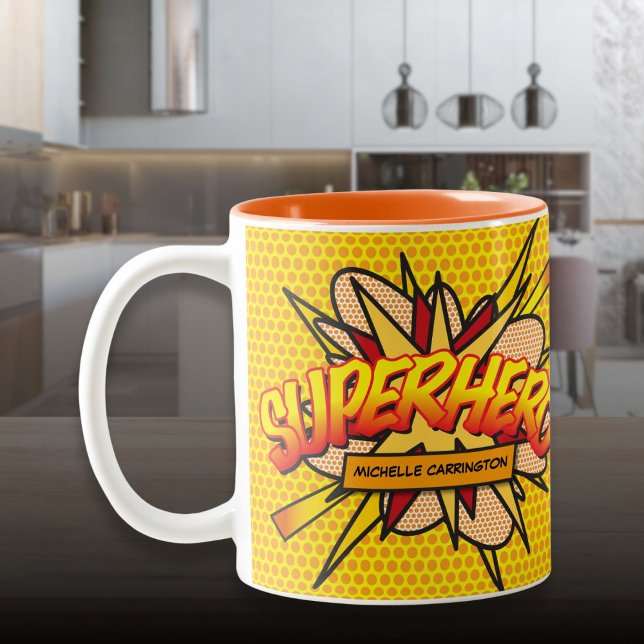 Caneca De Café Em Dois Tons Super-HERO Personalizado De BD Book (Personalized Fun Comic Book SUPERHERO Two-Tone Coffee Mug)