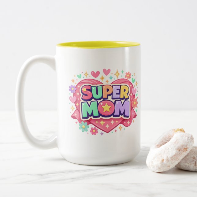 Caneca De Café Em Dois Tons ** Super Mãe (Com Donut)