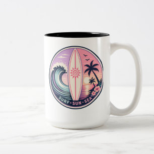 Caneca De Café Em Dois Tons Surf • Sol • Mar Insígnia de Onda Tropical Retro