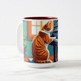 Caneca De Café Em Dois Tons Tabby Cat Tocando o Piano