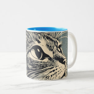 Caneca De Café Em Dois Tons Tabby Cat Vintage Lino Impressão