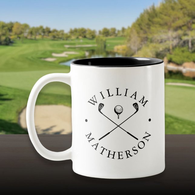 Caneca De Café Em Dois Tons Tacos de golfe clássicos com nome personalizado (Personalized Name Classic Golf Clubs Two-Tone Coffee Mug)