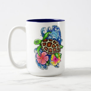 Caneca De Café Em Dois Tons Tartaruga do Mar Tropical e Hibiscus