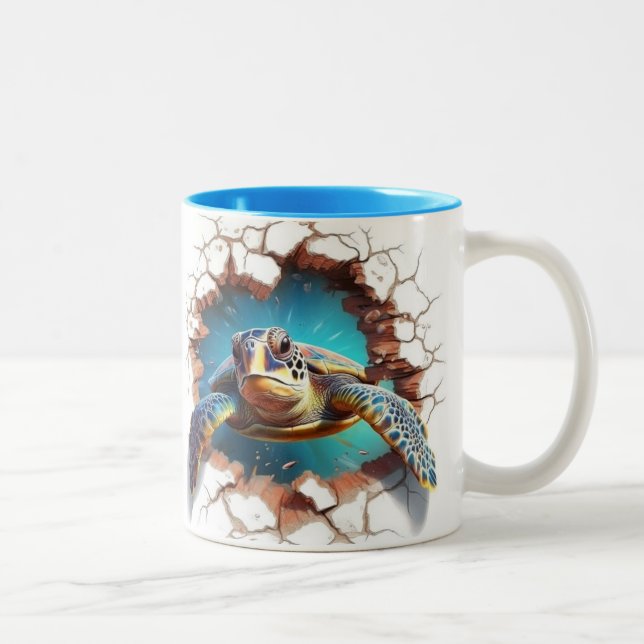 Caneca De Café Em Dois Tons Tartaruga marinha saindo de uma parede (Direita)