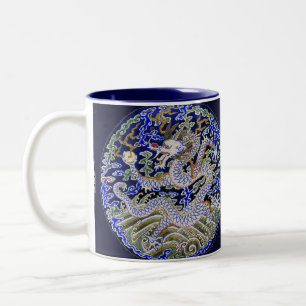 Caneca De Café Em Dois Tons tatuagem chinesa da safra azul Dragão bordado