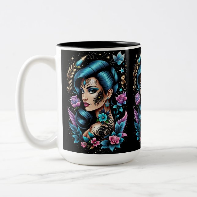 Caneca De Café Em Dois Tons Tatuagens E Rosas (Esquerda)