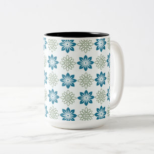 Caneca De Café Em Dois Tons Teal & Verde Oliva Floral Geométrico