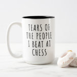 Caneca De Café Em Dois Tons Tears of the People I Beat at Chess Humor<br><div class="desc">Embrace the competitive spirit of chess with this lighthearted design that celebrates the game's unique culture! Perfect for tournaments, club meetings, and casual matches, this design resonates with the inside jokes and shared experiences of the chess community. It's a reliable companion for chess matches, study sessions, and everyday adventures. Whether...</div>
