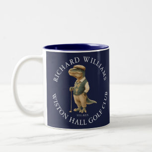 Caneca De Café Em Dois Tons Tee-Rex Dinossauro Golfista Nome e Clube Azul Mari