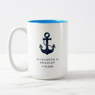 Caneca De Café Em Dois Tons Tema de Âncora de Casamento de Casal Estiloso no M