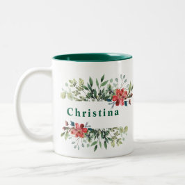 Caneca De Café Em Dois Tons Tendy Winter Green Folhas com Flores Vermelhas