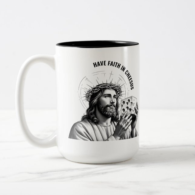 Caneca De Café Em Dois Tons Tenha fé no Cheesus - Meme engraçado de Jesus (Esquerda)