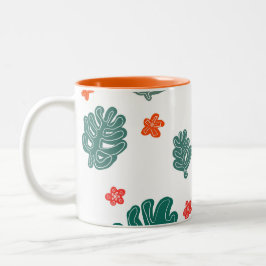 Caneca De Café Em Dois Tons terra e mar: flores e plantas de padrão de rabisco