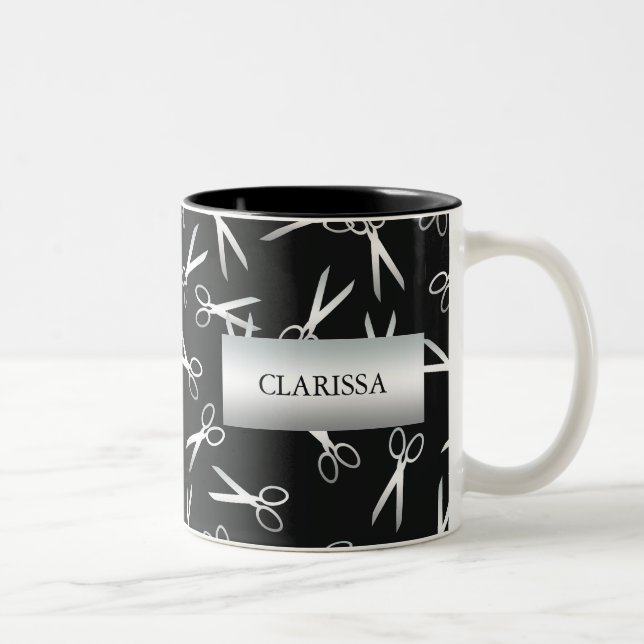 Caneca De Café Em Dois Tons Tesoura prateada | Nome personalizado (Direita)