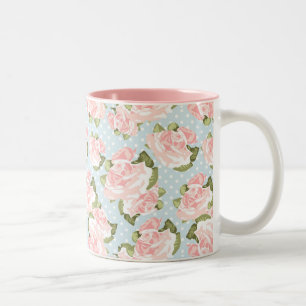 Caneca De Café Em Dois Tons Teste padrão cor-de-rosa bonito com bolinhas azuis