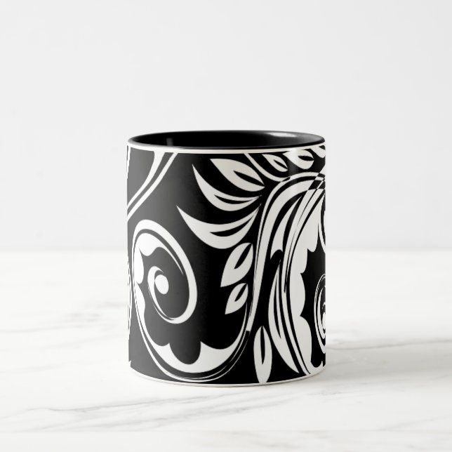 Caneca De Café Em Dois Tons Teste padrão floral branco preto de paisley (Centro)