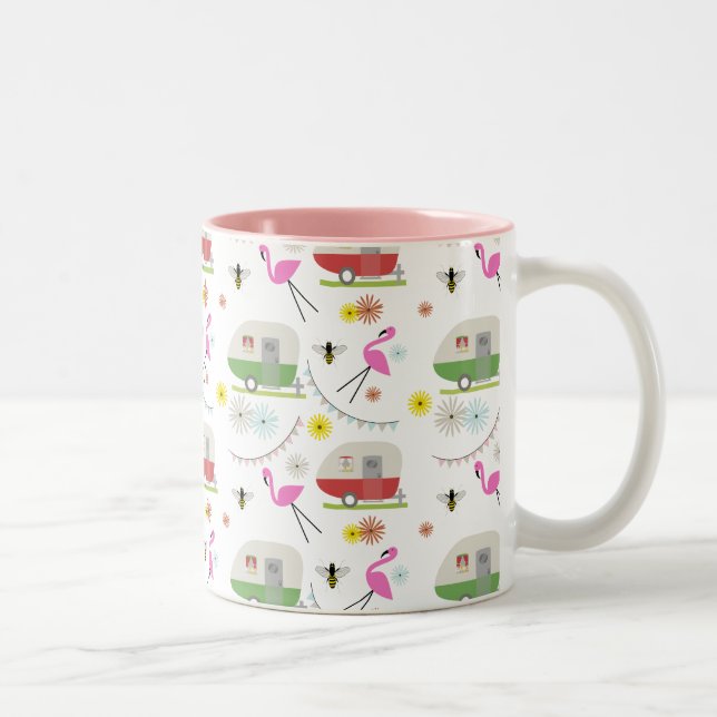 Caneca De Café Em Dois Tons Teste padrão retro do reboque & dos flamingos (Direita)