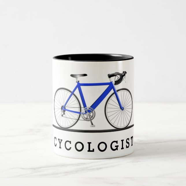 Caneca De Café Em Dois Tons Texto do cicologista com bicicleta azul (Centro)