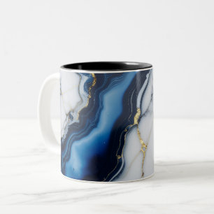 Caneca De Café Em Dois Tons textura de mármore branco azul padrão textura ouro