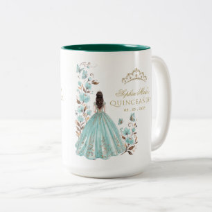 Caneca De Café Em Dois Tons Tiarra de Quinceañera Floral Borboleta Azul Dourad