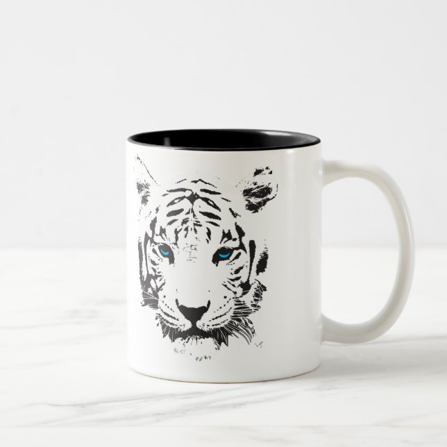 Caneca De Café Em Dois Tons Tigre branco com olhos azuis (Direita)