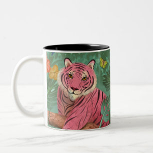 Caneca De Café Em Dois Tons Tigre rosa e selva tropical de papagaio