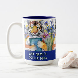 Caneca De Café Em Dois Tons Tigre Segurando Livro Grande | Qualquer Nome | Slo