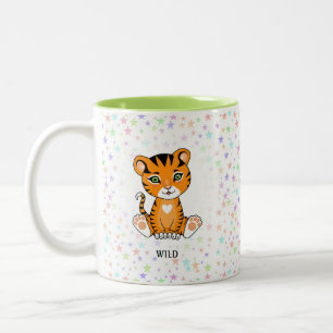 Caneca De Café Em Dois Tons Tigre Selvagem Feliz & Estrelas Multicoloridas