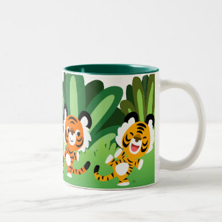 Caneca De Café Em Dois Tons Tigres De Cartoon Bonitos Dançando Na Lata Da Selv